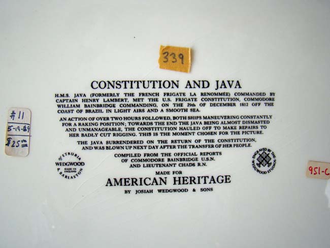 A large Wedgewood Platter made for American Heritage in 1969 depicting the Naval Battle between the CONSTITUTION and HMS JAVA, Dec. 29, 1812. — image 3